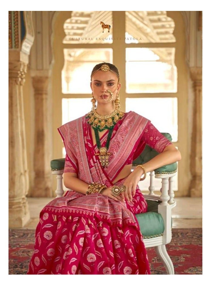 Grab Mantra Pink Soft Silk Saree With Floral Print Golden Traditional Border And Unstitched Blouse  - Image 2
