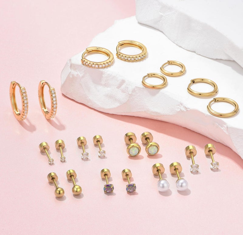Cocadant Hypoallergenic Flat Back Earrings for Cartilage Earring Set for Multiple Piercing 14K Gold Plated Huggie Hoop Earrings for Women Surgical Steel Small Titanium FlatBack Stud Trendy Earring Stacks - Image 3
