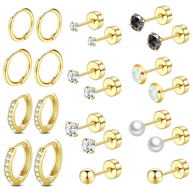Cocadant Hypoallergenic Flat Back Earrings for Cartilage Earring Set for Multiple Piercing 14K Gold Plated Huggie Hoop Earrings for Women Surgical Steel Small Titanium FlatBack Stud Trendy Earring Stacks - Image 1