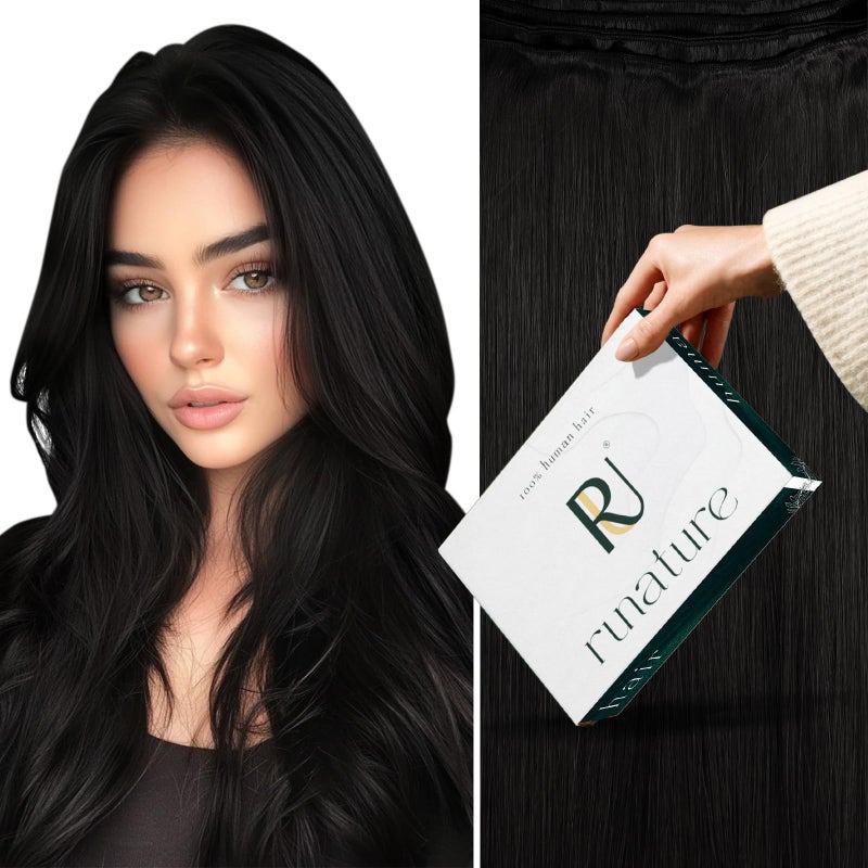 RUNATURE Weft Hair Extensions Black Sew in Human Hair Weft Extensions 14 Inch 100g Thick Weft Human Hair Extensions Jet Black Real Hair Silky Soft No Shedding Sew in Extensions