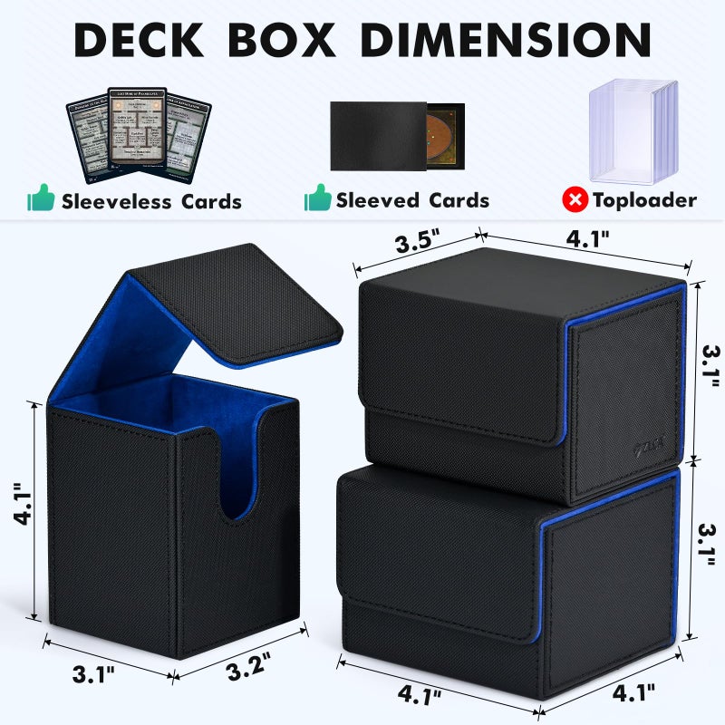 ZLCA Card Deck Box for Trading Cards, MTG YuGiOh Deck Case Holds 100+ Single Sleeved Cards, PU Leather Magnetic Card Storage Box Fits for TCG CCG Magic Game Cards (Black& Blue) - Image 4