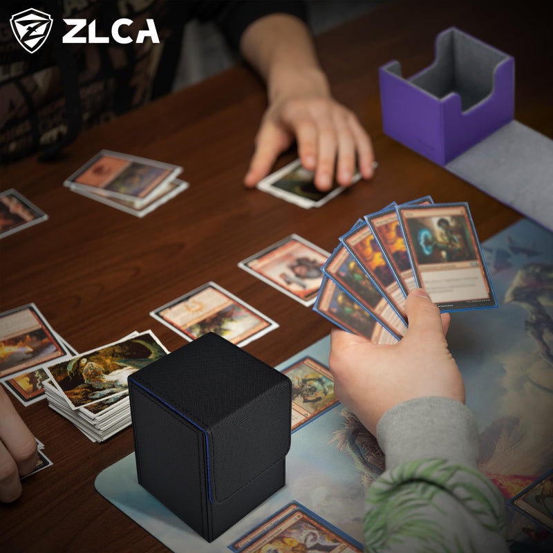 ZLCA Card Deck Box for Trading Cards, MTG YuGiOh Deck Case Holds 100+ Single Sleeved Cards, PU Leather Magnetic Card Storage Box Fits for TCG CCG Magic Game Cards (Black& Blue) - Image 2
