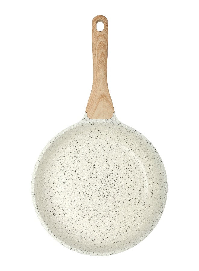 ESLITE LIFE مقلاة طاوة 24 سم من الألمنيوم و طلاء سيراميك غير لاصق مقاومة للخدش, مقبض بتصميم خشبي، لون أبيض - Image 3
