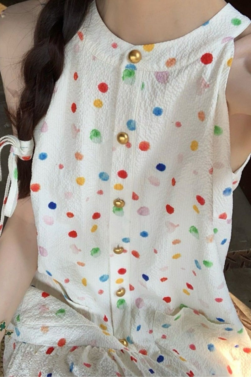 A.M Colorful Sleeveless Dress Women Loose Summer New Polka Dot Printed Suspender Dress - Image 4