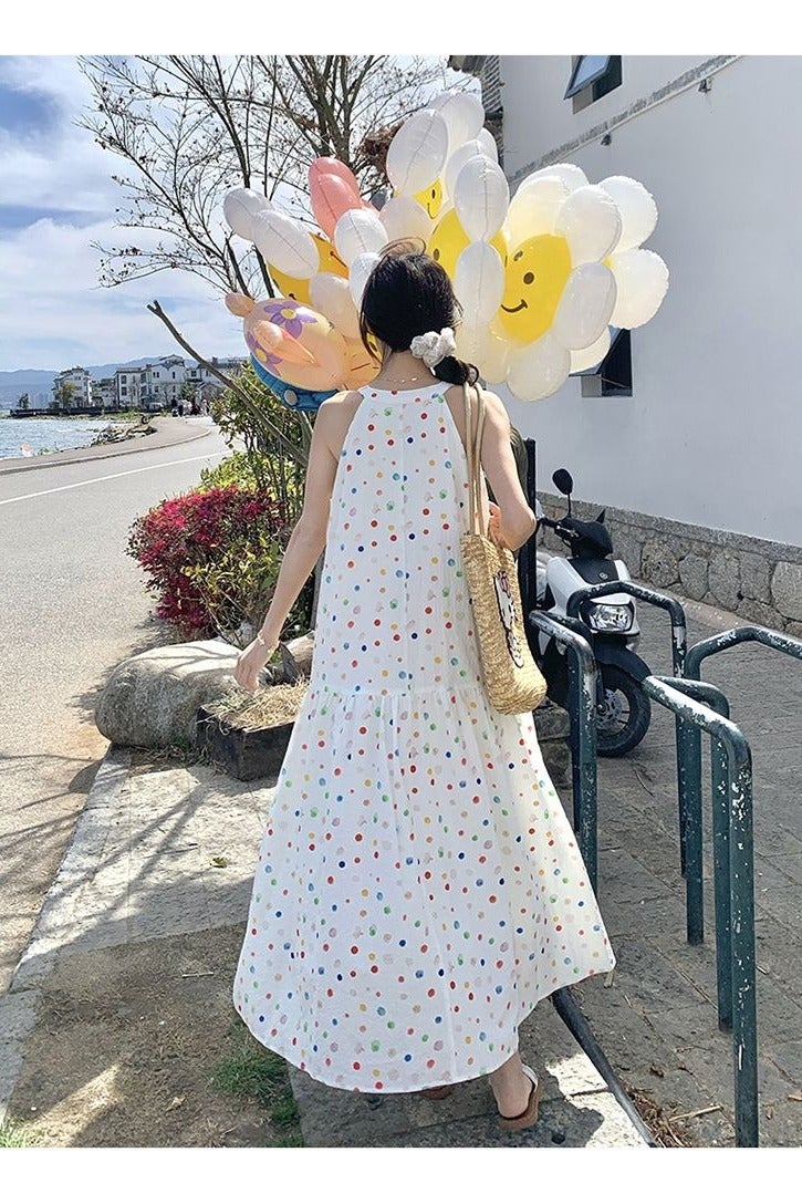 A.M Colorful Sleeveless Dress Women Loose Summer New Polka Dot Printed Suspender Dress - Image 5