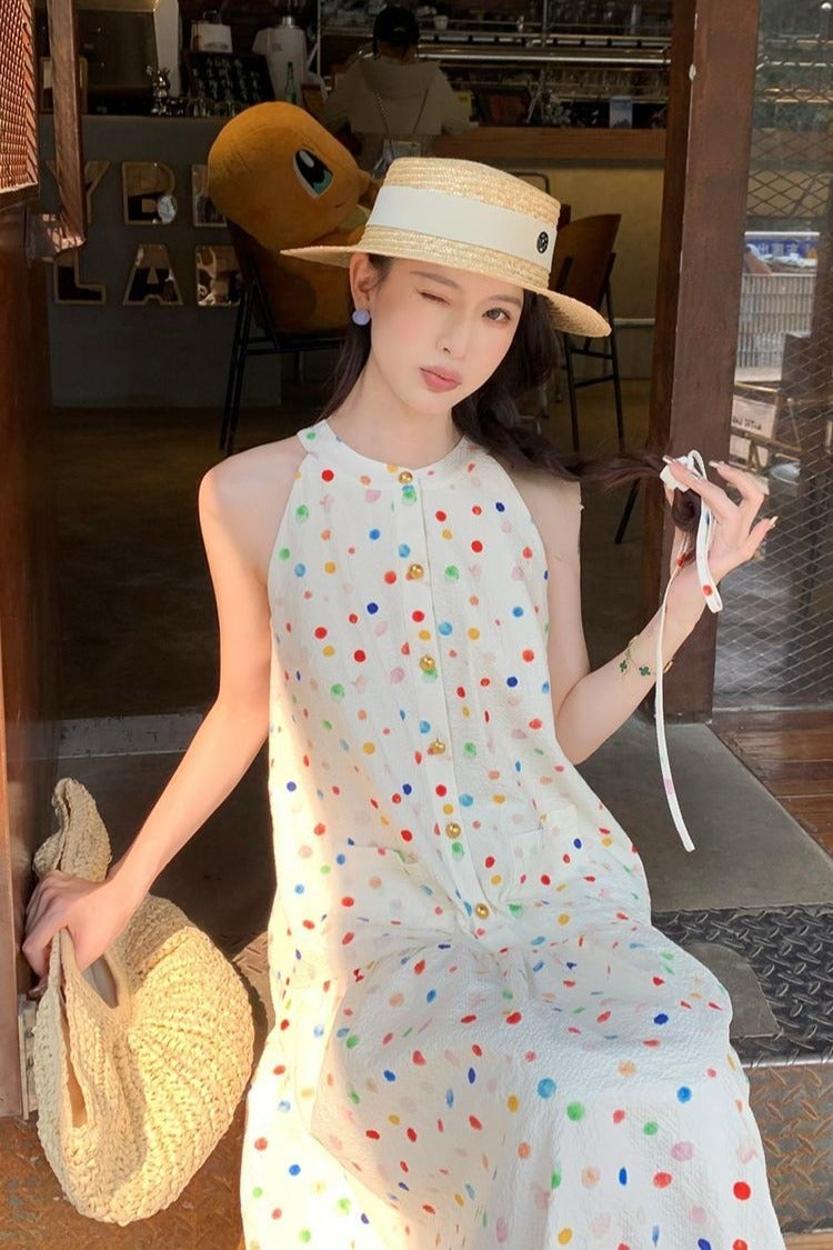 A.M Colorful Sleeveless Dress Women Loose Summer New Polka Dot Printed Suspender Dress - Image 1