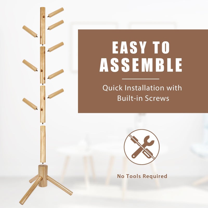 Haddockway Wooden Coat Rack Stand with 8 Hooks New Zealand Pine 3 Adjustable Coat Standing Tree Easy Assembly for Coats, Hats, Scarves and Handbags for Entryway, Hallway, Bedroom, Office - Image 4