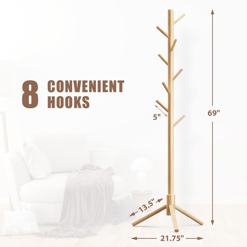 Haddockway Wooden Coat Rack Stand with 8 Hooks New Zealand Pine 3 Adjustable Coat Standing Tree Easy Assembly for Coats, Hats, Scarves and Handbags for Entryway, Hallway, Bedroom, Office - Image 2