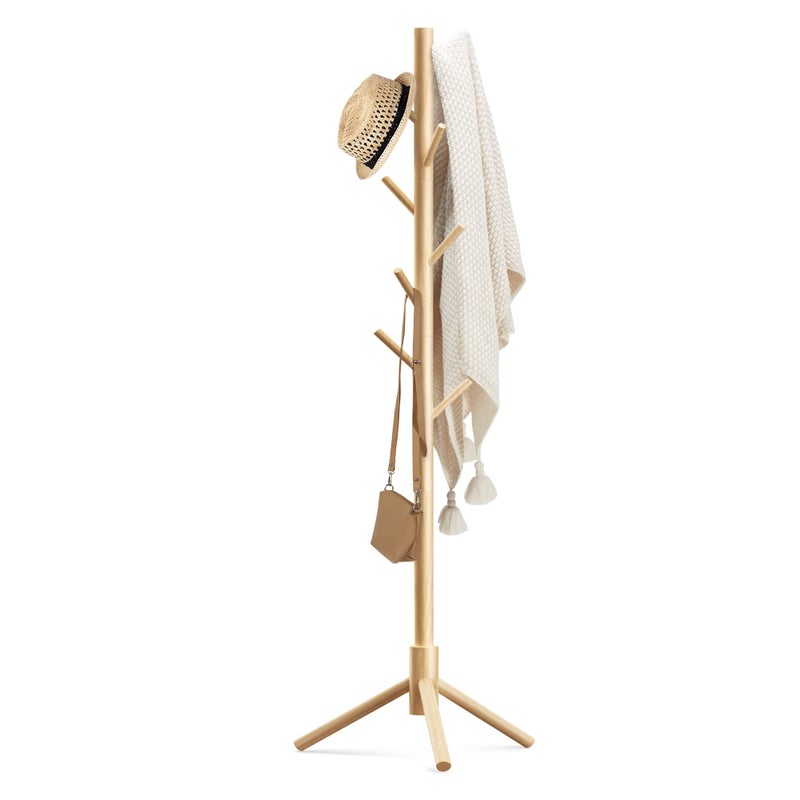 Haddockway Wooden Coat Rack Stand with 8 Hooks New Zealand Pine 3 Adjustable Coat Standing Tree Easy Assembly for Coats, Hats, Scarves and Handbags for Entryway, Hallway, Bedroom, Office - Image 1