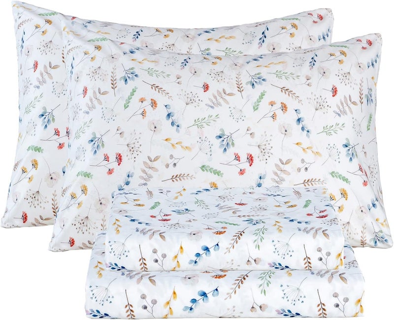 Bedlifes Queen Sheet Set Floral Sheets Queen Ultra Soft Breathable Floral Bed Sheets Deep Pocket Printed Boho 100% Microfiber 4 Piece Queen Size White Floral - Image 1
