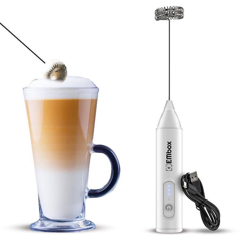 EMBOX EMBOX Rechargeable Milk Frother Coffee Whisker 3Speed Coffee Frother Electric for Cream Latte Cappuccino Egg Whisker Stainless Steel 1 Year Warranty White - Image 1