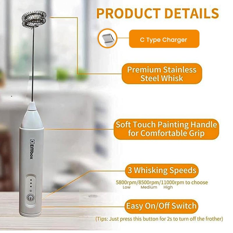 EMBOX EMBOX Rechargeable Milk Frother Coffee Whisker 3Speed Coffee Frother Electric for Cream Latte Cappuccino Egg Whisker Stainless Steel 1 Year Warranty White - Image 3
