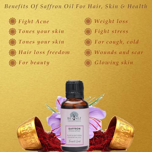 Devinez Kashmiri Saffron Essential Oil, Kesar Zafran, 10ml,Pure Natural Undiluted Therapeutic grade in Glass Bottle for skin, body care, Reed Diffusers Oils, Aroma Tharapy Saffron Oil, Kaser Oil - Image 4