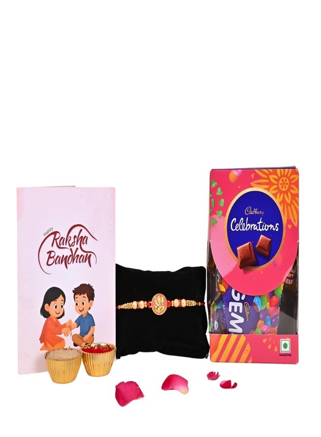 Poorak Religious Assorted Gift – 1 Rakhi, Small Celebration, Roli Chawal & Greeting Card - Image 1
