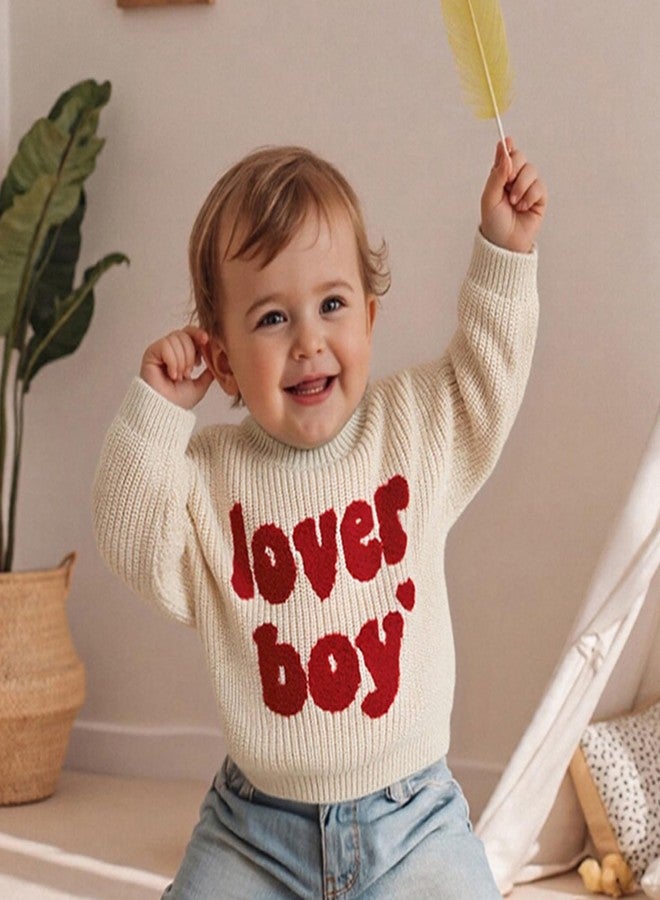 Lesimsam Toddler Baby Boy Valentine's Day Outfit Letter Embroidery Knit Sweater Long Sleeve Knitted Pullover Sweatshirt Top (A-Beige, 9-12 Months) - Image 2