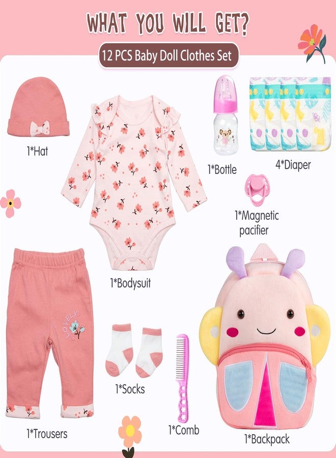 Pedolltree Reborn Baby Dolls Clothes Girl Outfit Accessories Pink Flower 12 Pcs for 17-22 Inches Reborn Dolls Newborn Girl with Butterfly Backpack - Image 2
