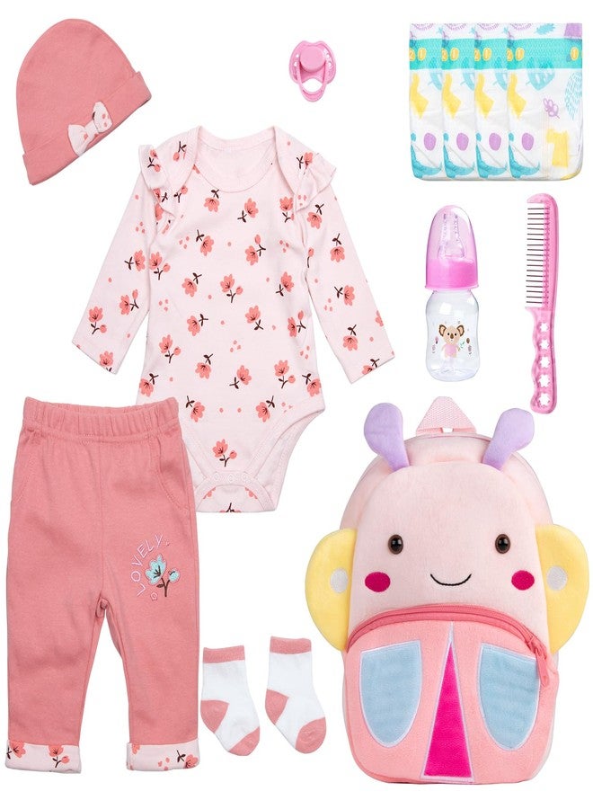 Pedolltree Reborn Baby Dolls Clothes Girl Outfit Accessories Pink Flower 12 Pcs for 17-22 Inches Reborn Dolls Newborn Girl with Butterfly Backpack - Image 1