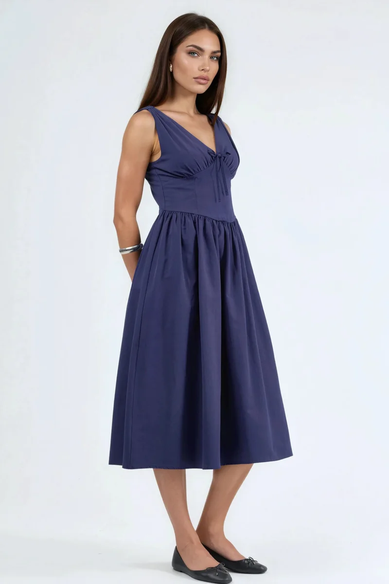 بوسيم BUSEM V-neck Midi Dress with Bow Detail