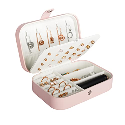 Hatori Travel Jewelry Box, PU Leather Small Jewelry Organizer for Women Girls, Portable Mini Travel Case Display Storage Holder Boxes for Stud Earrings, Rings, Necklaces, Bracelets (Pink) - Image 1