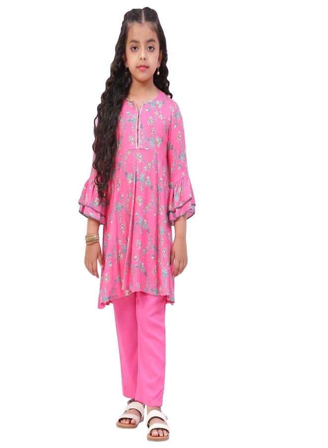 BIBA Girls Rayon Kalidar Printed Suit Set (KW5029EAW22PNK_Pink - Image 1
