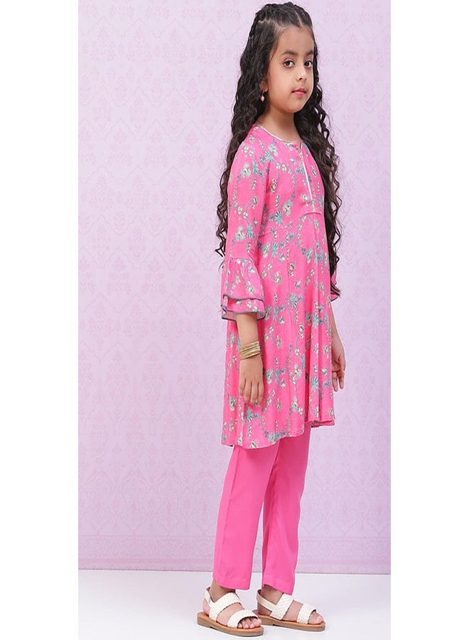 BIBA Girls Rayon Kalidar Printed Suit Set (KW5029EAW22PNK_Pink - Image 3