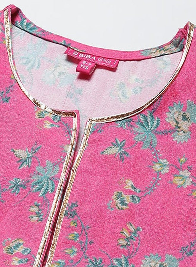 BIBA Girls Rayon Kalidar Printed Suit Set (KW5029EAW22PNK_Pink - Image 2