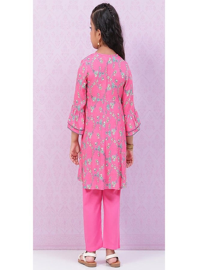 BIBA Girls Rayon Kalidar Printed Suit Set (KW5029EAW22PNK_Pink - Image 4