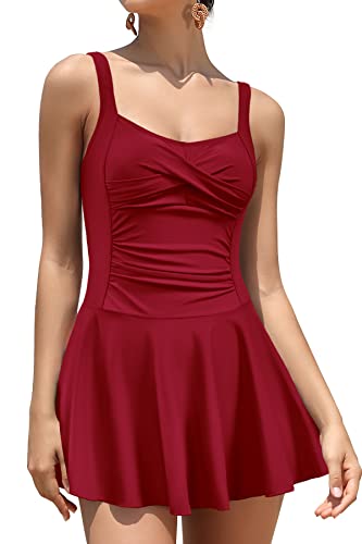 SHEKINI Women Retro One Piece Skirt Swimsuit Ruched Crossover Swimdress Bathing Suit (Wine Red, Small) - Image 1