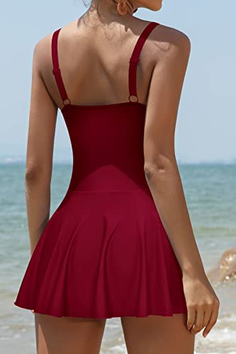 SHEKINI Women Retro One Piece Skirt Swimsuit Ruched Crossover Swimdress Bathing Suit (Wine Red, Small) - Image 3