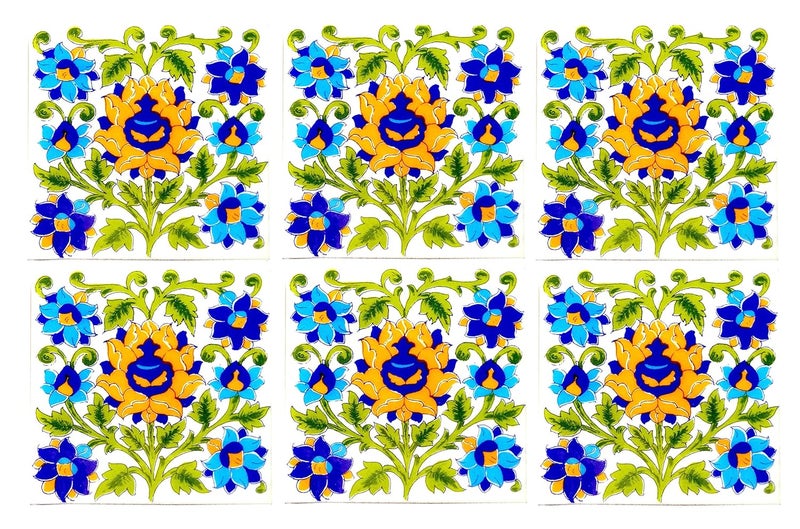 Shiv Kripa Blue Pottery Shiv Kripa Blue Pottery Home Dcor Moroccan Pottery Ceramic Handmade Wall Tiles 6 x 6 Inch Set of 6 Tiles White Green 