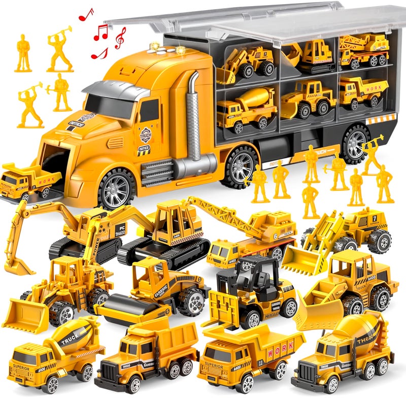 JOYIN 25 in 1 Kids Construction Truck Toy Set, 24Pcs Push and Go Cars and Worker Figures, Toddler Play Vehicles with Sounds and Light, Christmas Birthday Gifts Toys for 3 4 5 6 7 Years Old Grandkids - Image 1