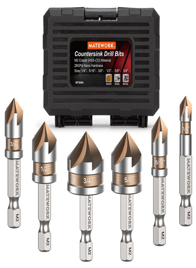 Matework Countersink Drill Bit Set, M2 Cobalt HSS Countersink Drill Bits 6 Pieces 1/4 Inch Quick Change Hex Shank for Metal, Wood, Stainless Steel, Carbon Steel - Image 1
