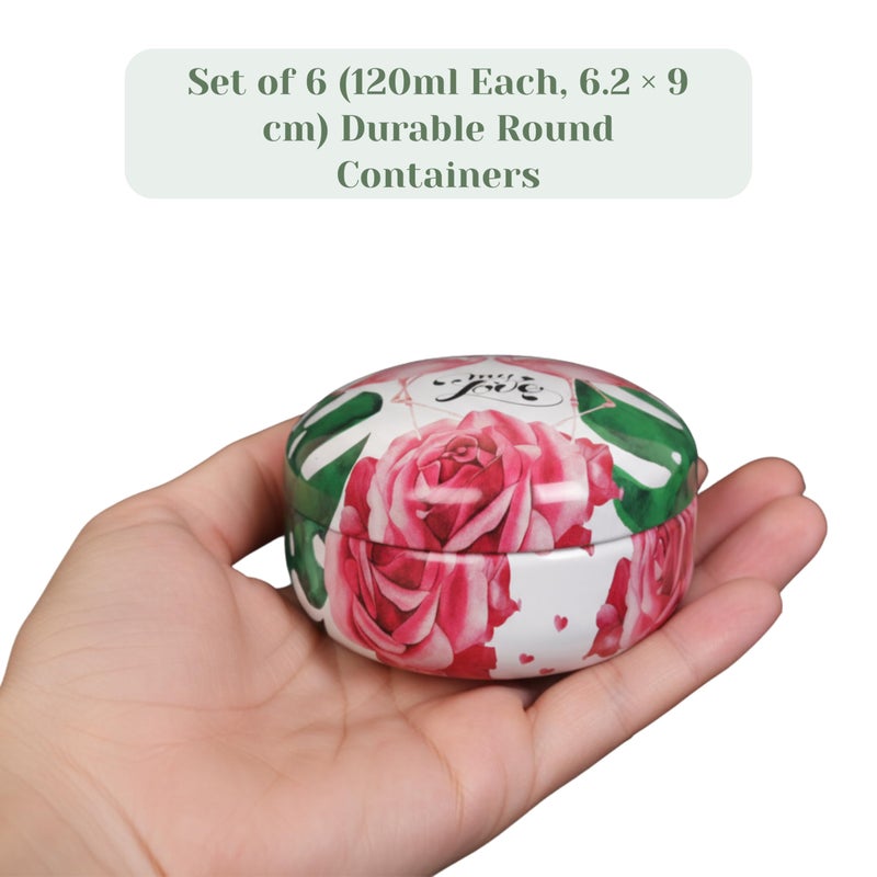 Floral & Tropical Design A Decorative Round Tin Storage Cans, Red Pattern with Green Leaves, Metal 120ml, 6.2x9cm, for Candles, Jewelry, Keepsakes (Set of 6) - Image 2