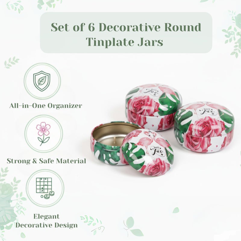 Floral & Tropical Design A Decorative Round Tin Storage Cans, Red Pattern with Green Leaves, Metal 120ml, 6.2x9cm, for Candles, Jewelry, Keepsakes (Set of 6) - Image 3