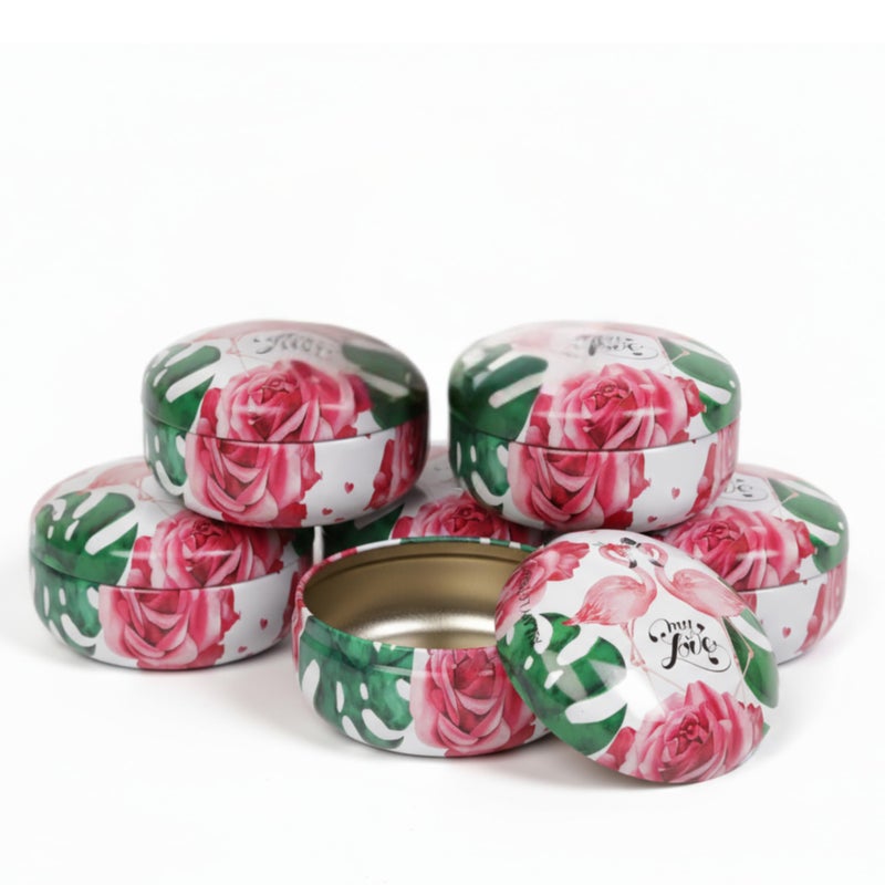 Floral & Tropical Design A Decorative Round Tin Storage Cans, Red Pattern with Green Leaves, Metal 120ml, 6.2x9cm, for Candles, Jewelry, Keepsakes (Set of 6) - Image 1