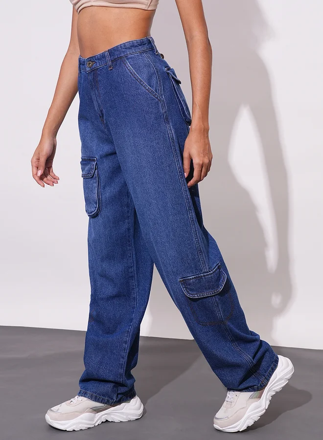 globus Globus Straight Fit Mid-Rise Faded Cotton Cargo Pockets Jeans