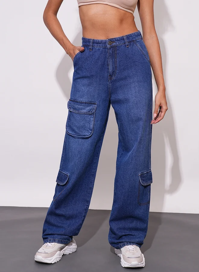 globus Globus Straight Fit Mid-Rise Faded Cotton Cargo Pockets Jeans
