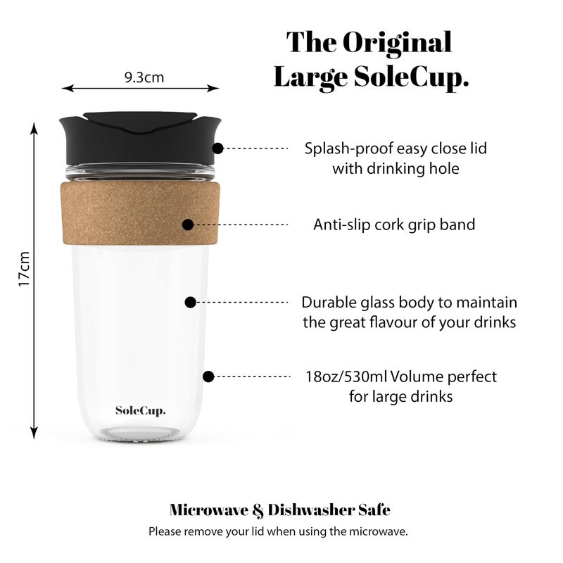 SoleCup. Large Travel Mug - Reusable Insulated Coffee Mug - 18oz/530ml BPA-Free Hot Drink Travel Mug with Lid & Cork Band (Black, 18oz) - Image 2