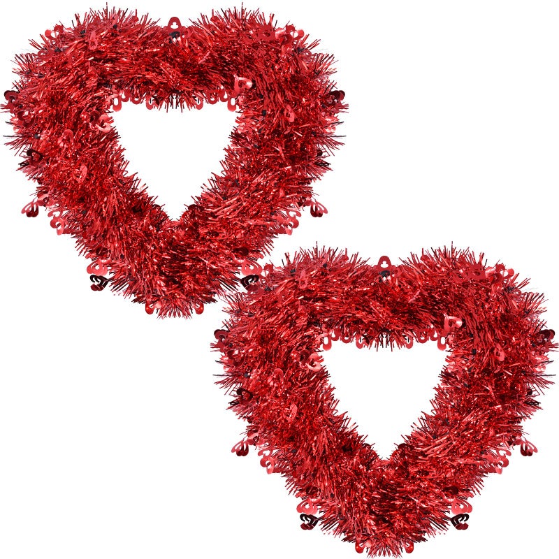Kreyfer 2 Pack Valentine’s Day Heart-Shaped Wreaths - Red Metallic Love Garland Door Hanging Decorations for Party, Wedding, Home, and Classroom Décor - Image 1