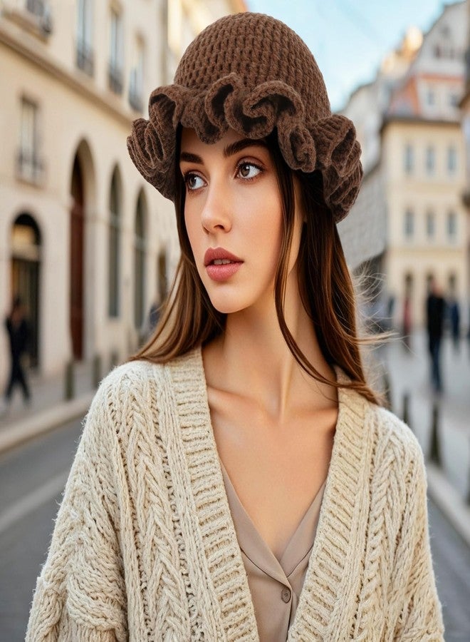 DOCILA Crochet Bucket Hat Women Cute Ruffled Brim Knitted Hats Packable Floppy Cap Boho Handmade Knit Festival & Daily Hats Coffee - Image 2