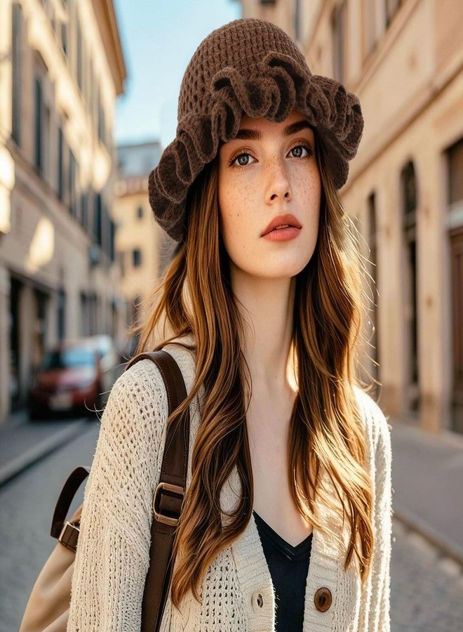 DOCILA Crochet Bucket Hat Women Cute Ruffled Brim Knitted Hats Packable Floppy Cap Boho Handmade Knit Festival & Daily Hats Coffee - Image 3