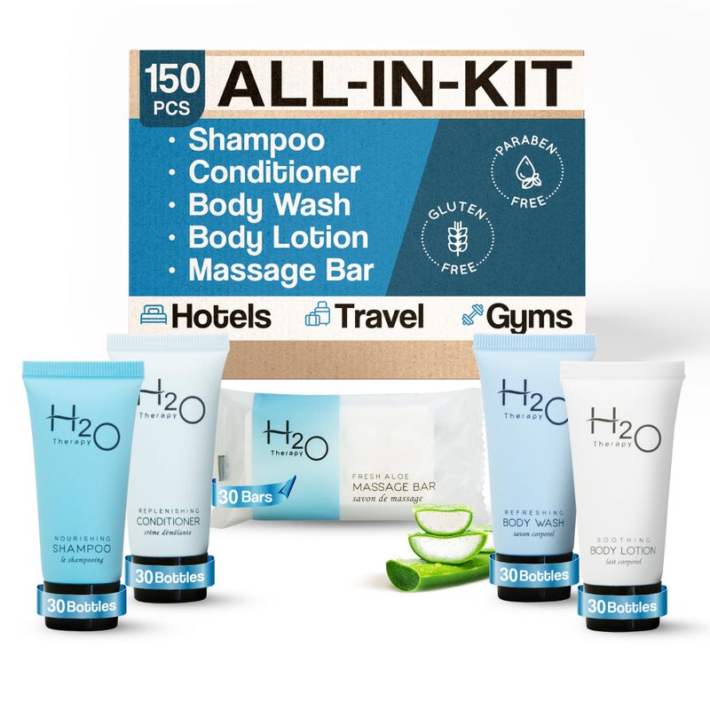 H2O Therapy Hotel Soaps  Toiletries Bulk Set  1Shoppe Amenities Kit  085oz Shampoo  Conditioner Body Wash Lotion 1oz Bar Soap  Travel Size  150 Pieces
