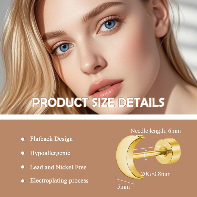 ZDE Women Flat Back Moon Earrings Non-Nickel Earrings Titanium Hypoallergenic Cartilage Earrings Stud for Sensitive Ears Simple Classic 5mm Flat Stud Earring (Moon-Gold) - Image 2