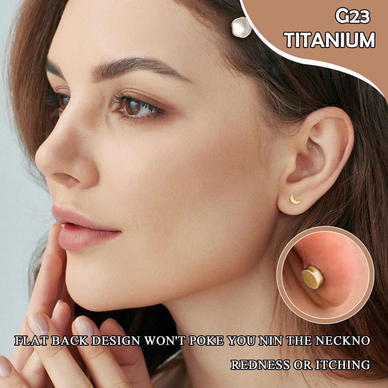 ZDE Women Flat Back Moon Earrings Non-Nickel Earrings Titanium Hypoallergenic Cartilage Earrings Stud for Sensitive Ears Simple Classic 5mm Flat Stud Earring (Moon-Gold) - Image 4