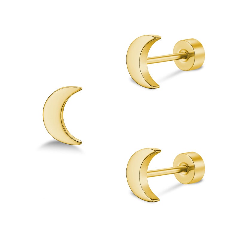 ZDE Women Flat Back Moon Earrings Non-Nickel Earrings Titanium Hypoallergenic Cartilage Earrings Stud for Sensitive Ears Simple Classic 5mm Flat Stud Earring (Moon-Gold) - Image 1