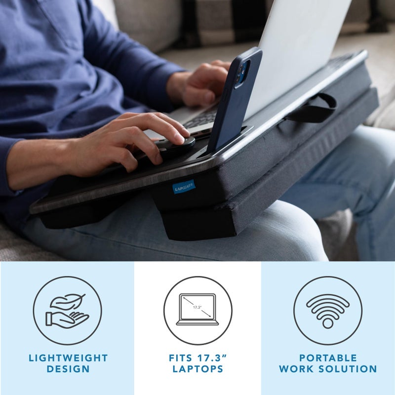LAPGEAR Extra Large Adjustable Lap Desk with Gel Wrist Rest, Mouse Pad, Phone Holder, Device Ledge, and Booster Cushion - Gray Woodgrain - Fits up to 17.3 Inch Laptops - Style No. 88105 - Image 2