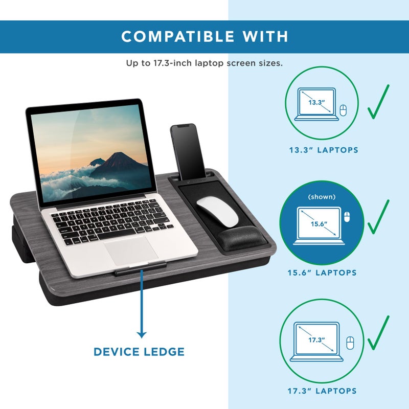 LAPGEAR Extra Large Adjustable Lap Desk with Gel Wrist Rest, Mouse Pad, Phone Holder, Device Ledge, and Booster Cushion - Gray Woodgrain - Fits up to 17.3 Inch Laptops - Style No. 88105 - Image 3