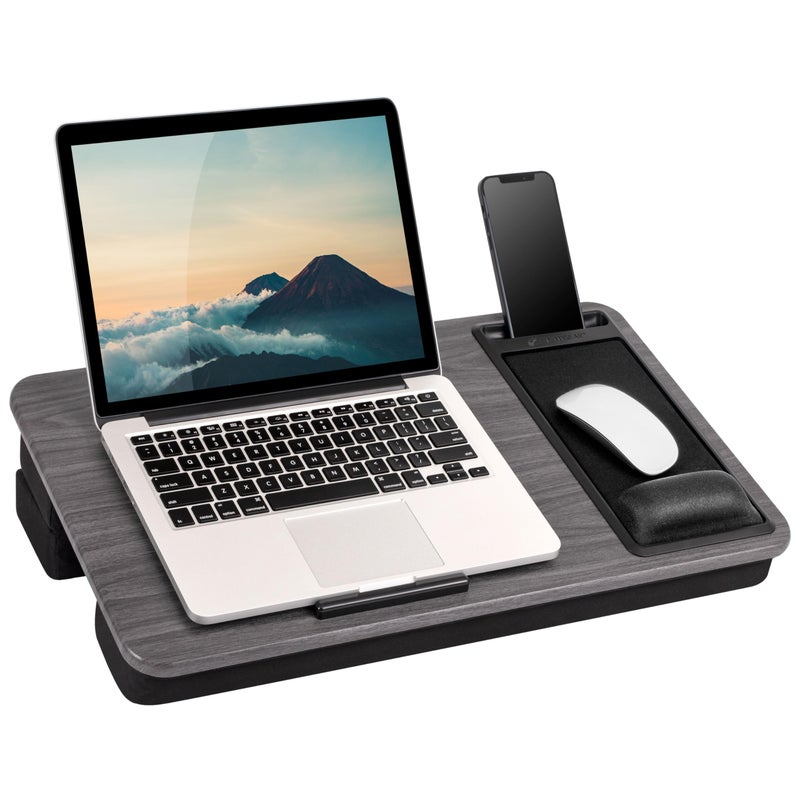 LAPGEAR Extra Large Adjustable Lap Desk with Gel Wrist Rest, Mouse Pad, Phone Holder, Device Ledge, and Booster Cushion - Gray Woodgrain - Fits up to 17.3 Inch Laptops - Style No. 88105 - Image 1
