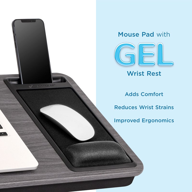 LAPGEAR Extra Large Adjustable Lap Desk with Gel Wrist Rest, Mouse Pad, Phone Holder, Device Ledge, and Booster Cushion - Gray Woodgrain - Fits up to 17.3 Inch Laptops - Style No. 88105 - Image 4