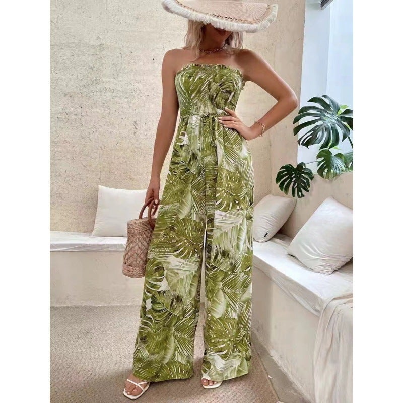 Summer Strapless Jumpsuit Wide Leg Print Yellow - Image 1